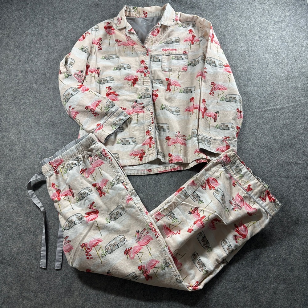 Nick & Nora Pajama Set‎ Women Medium Pink Flamingo Camper Christmas Cotton PJ